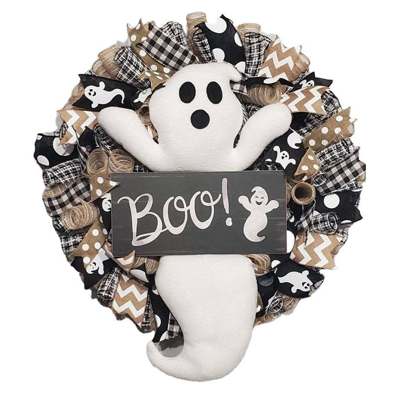 Cute Halloween ghost wreath by eprolo with boo face, perfect for door or window Halloween decoration scene.