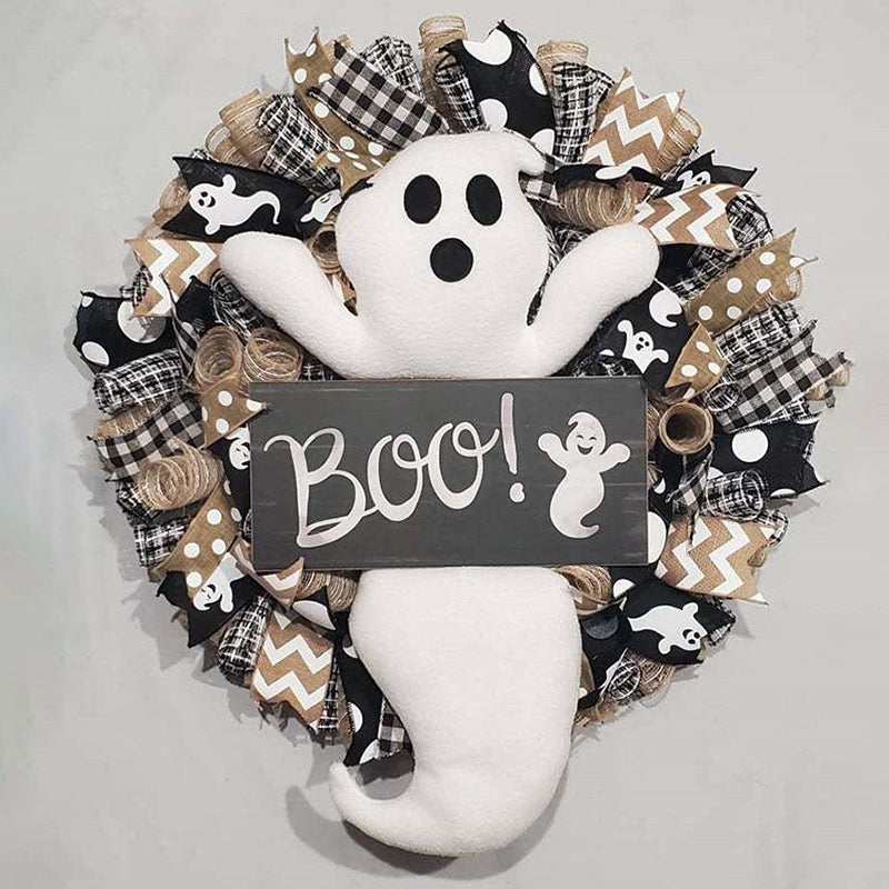 Cute Halloween ghost wreath with boo design, perfect for door and window decoration for spooky seasonal decor.