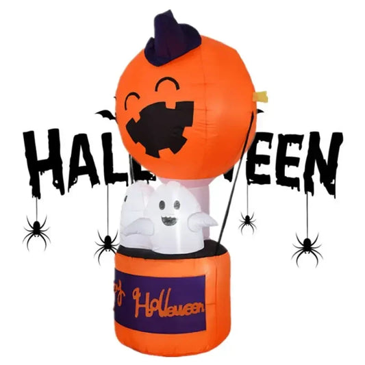 Eprolo 6ft Halloween inflatable with pumpkin, ghost, and devil designs, featuring a hot air balloon and festive Halloween decorations.
