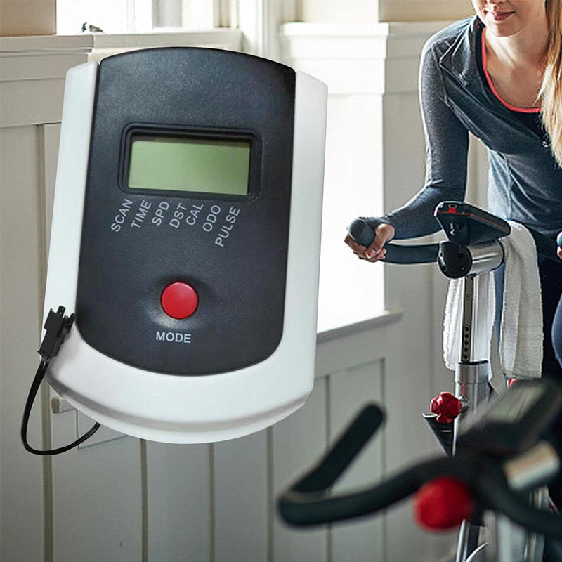 Eprolo electronic heart rate monitor display for spinning and fitness bikes, showing speed and heart rate data on a digital screen.