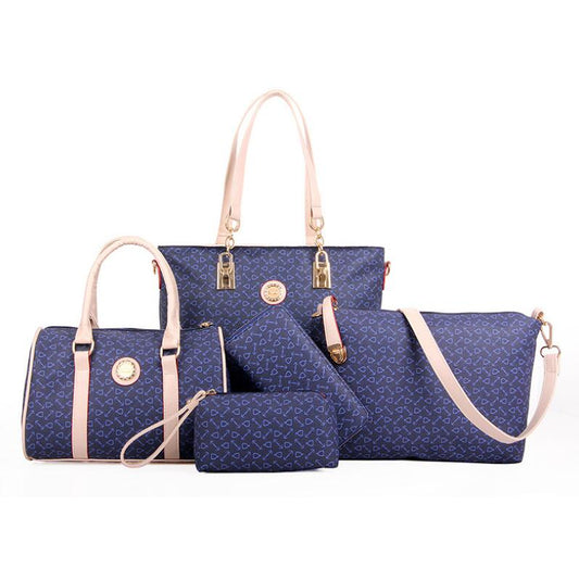 Set of six women's handbags by eprolo including shoulder bag, tote, clutch, and key holder, displayed on a neutral background.