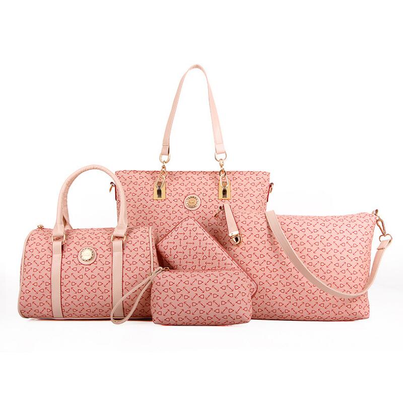 Set of six eprolo women's handbags including shoulder bag, tote, clutch, and key holder in various styles and colors.
