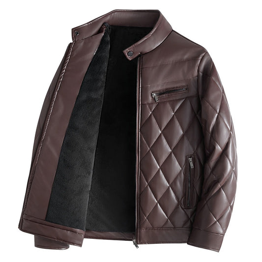 Men's PU leather cotton winter jacket with velvet lining, thick motorcycle style, Korean youth fashion by eprolo.