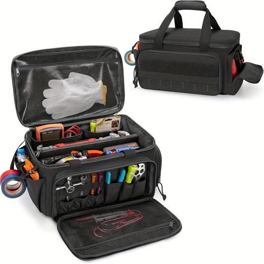 Eprolo 14-inch heavy-duty electrician tool bag with two compartments and a non-slip organizer, multi-pocket design for tools.