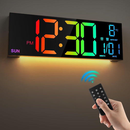 Large digital wall clock by eprolo with LED display, remote control, dual alarms, and 8 RGB color options.
