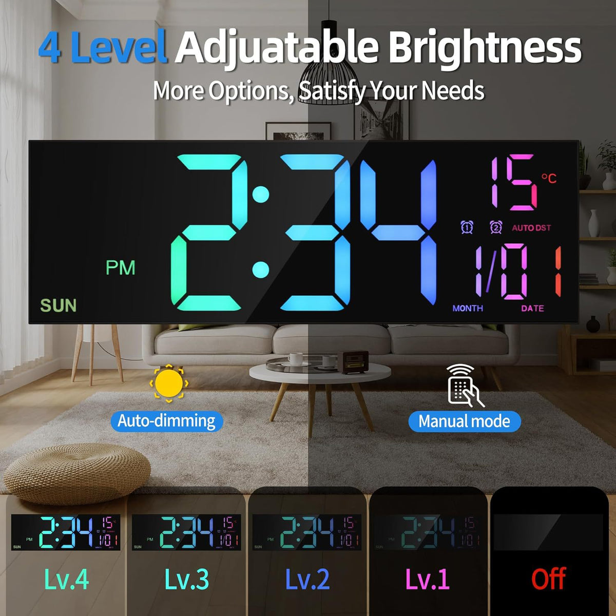 Large eprolo digital wall clock with remote, dual alarms, and 8 RGB color options, featuring a bright LED display.