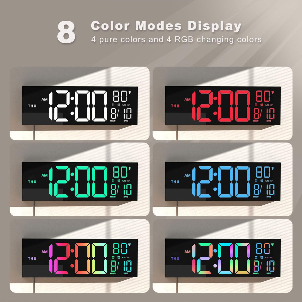 Large digital wall clock by eprolo with remote control, 8 RGB colors, dual alarms, big LED display, electronic watch design