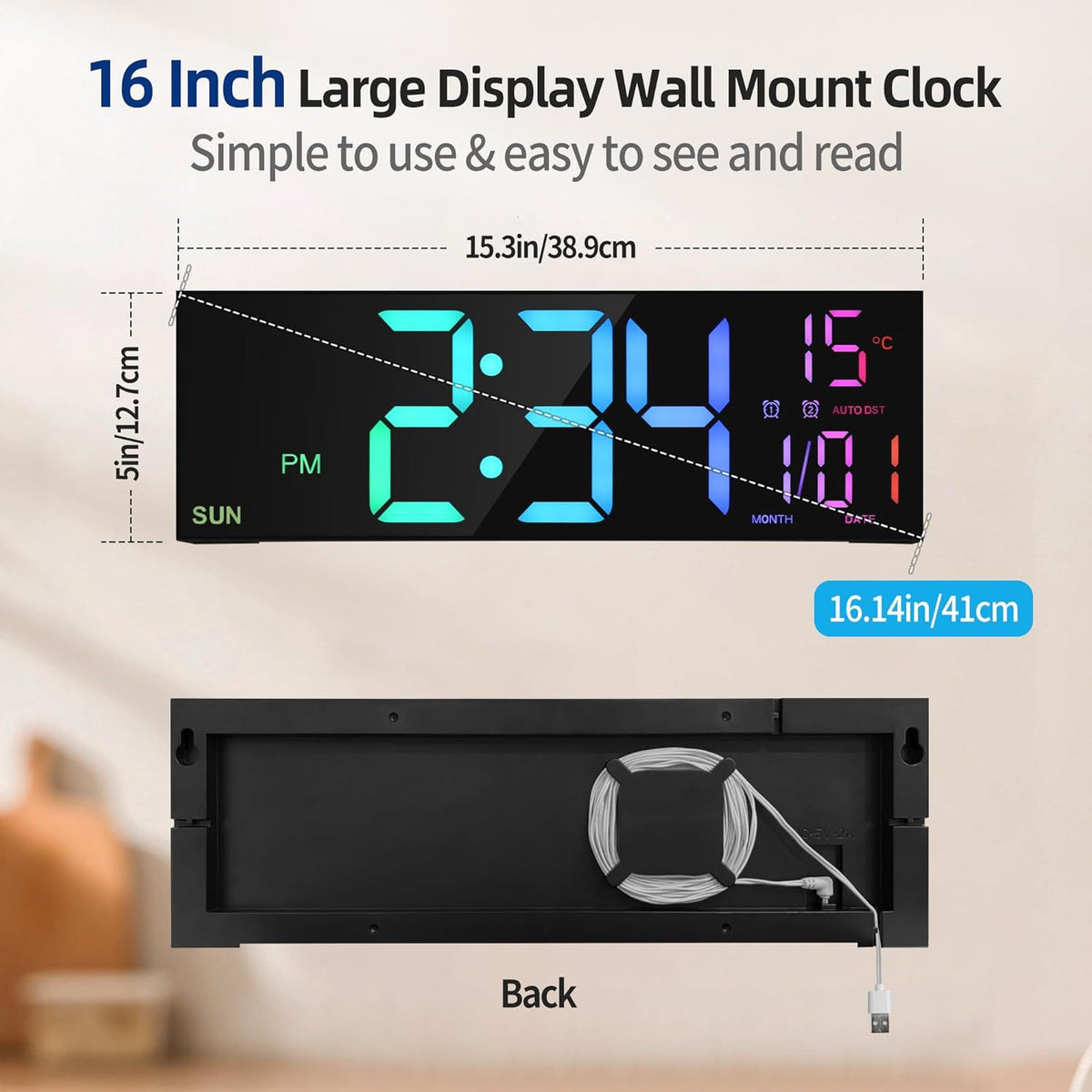 Large eprolo digital wall clock with remote, LED display, dual alarm, and 8 RGB color options for electronic time display.