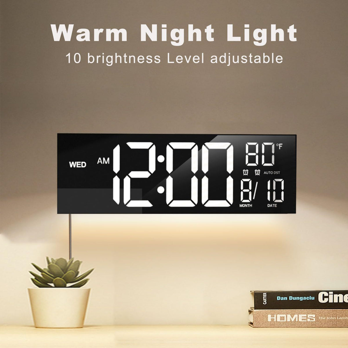 Large digital wall clock by eprolo with remote control, LED display, dual alarm, and 8 RGB color options.