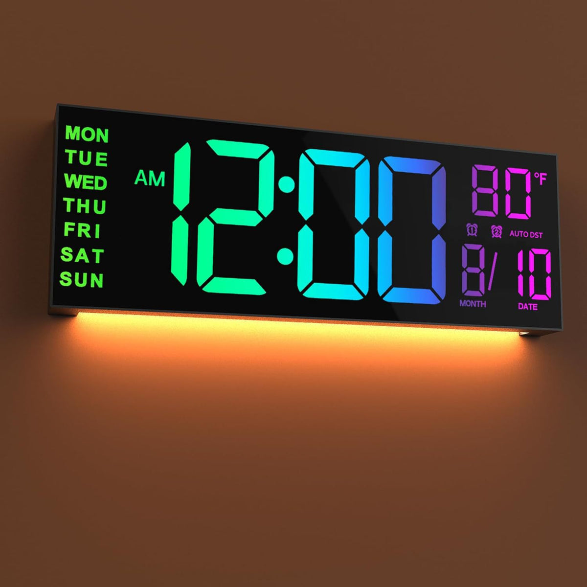 Large digital wall clock by eprolo with remote control, big LED display, dual alarms, and 8 RGB color options.