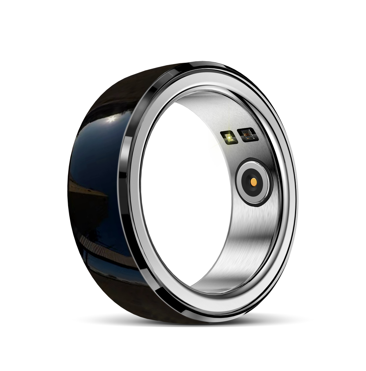 Eprolo R1 R2 Smart Ring displaying sleek black design, with sensors for pedometer, heart rate, blood pressure, blood oxygen, and sleep tracking