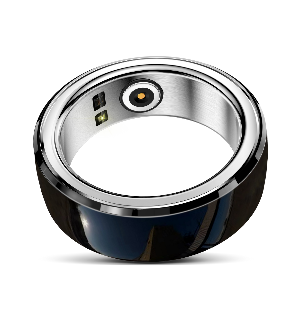 Eprolo R1 R2 Smart Ring showing a sleek black design with health monitoring features including heart rate and blood pressure sensors.