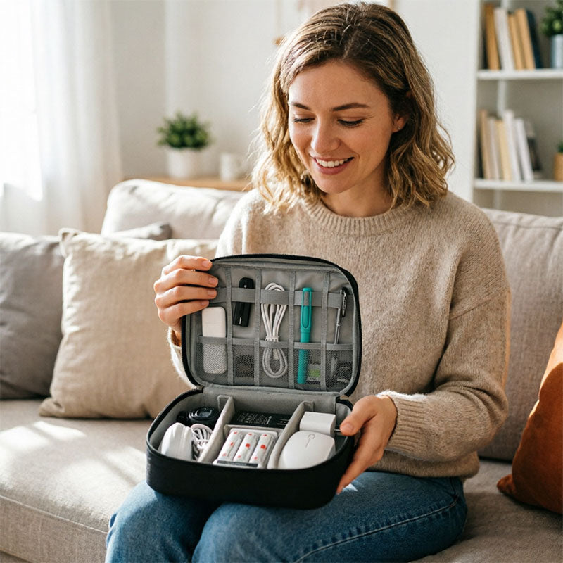 Eprolo waterproof travel cable organizer bag with multiple compartments for USB cables, chargers, and digital gadgets.