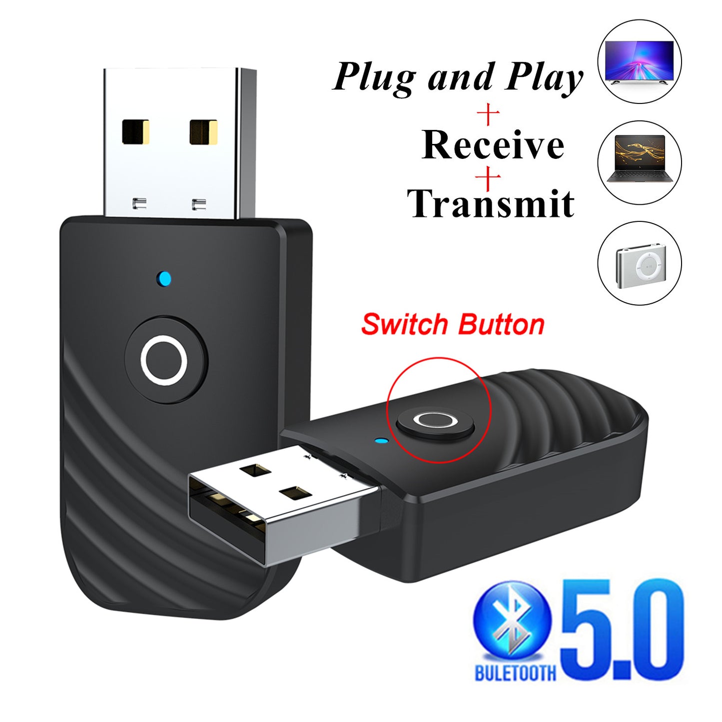 eprolo 3-in-1 Bluetooth 5.0 adapter for car, computer, TV with AUX, receiver, and transmitter functions, compact and portable design