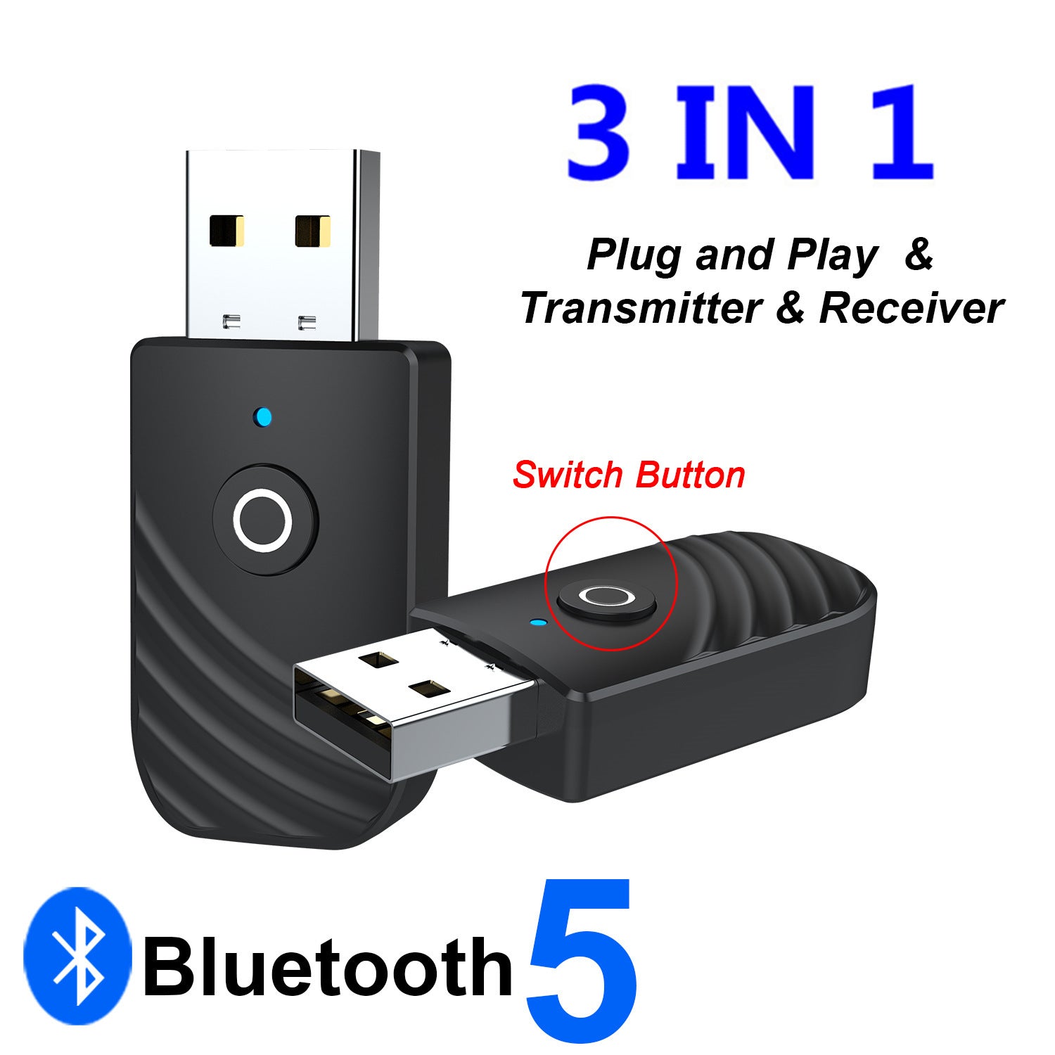 eprolo 3-in-1 Bluetooth 5.0 adapter for car, computer, TV, with AUX, audio receiver, and transmitter functions, compact design