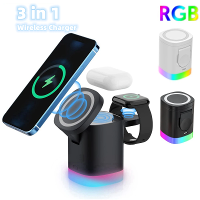eprolo 3-in-1 magnetic wireless fast charger with RGB ambient light for smartphones, AirPods, and Apple Watch charging station