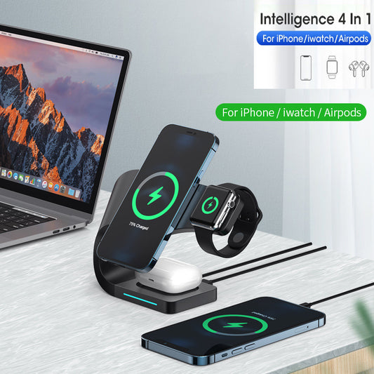 eprolo 4-in-1 magnetic wireless charger for iPhone 12, Apple Watch, and wireless headphones on a sleek charging pad