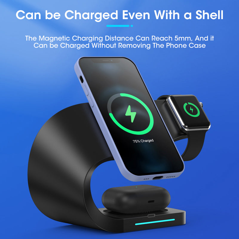 eprolo 4-in-1 magnetic wireless charger for iPhone 12, Apple Watch, and headphones, with multiple charging ports and sleek design.