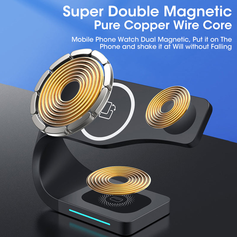 eprolo 4-in-1 magnetic wireless charger for iPhone 12, Apple Watch, and headphones, showing the charging station with devices attached