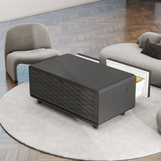 Modern eprolo smart coffee table in black with built-in fridge, Bluetooth speaker, wireless charging, touch control panel, and USB port.