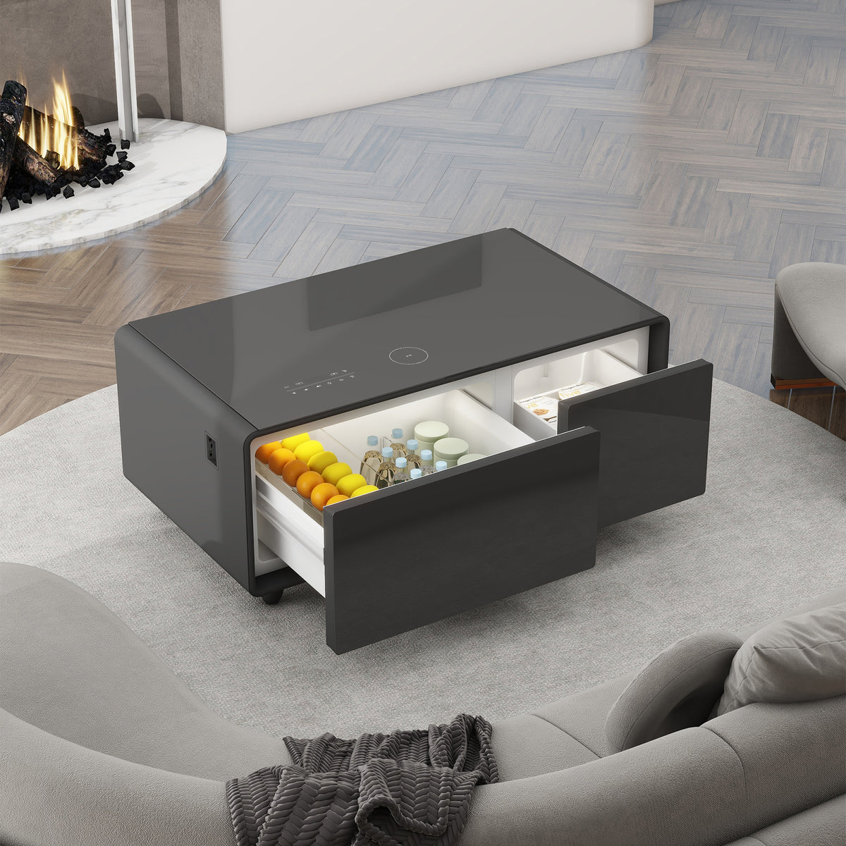 Modern eprolo smart coffee table in black with built-in fridge, Bluetooth speaker, wireless charging, touch control, and USB interface