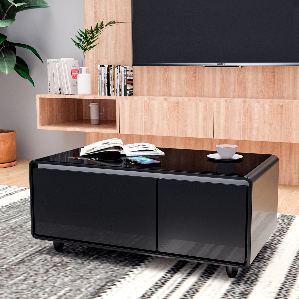 Modern black eprolo smart coffee table with built-in fridge, Bluetooth speaker, wireless charging, touch control, and USB interface.