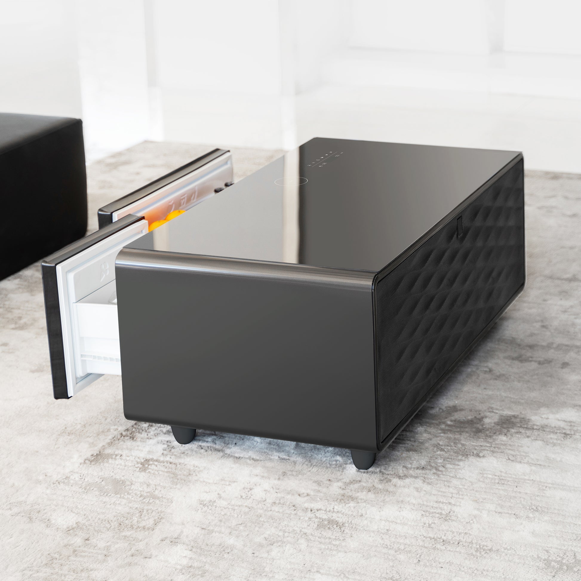 Modern black smart coffee table by eprolo featuring built-in fridge, Bluetooth speaker, wireless charging, touch control panel, and USB port.