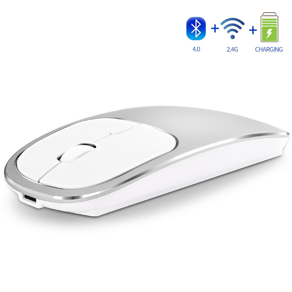 Eprolo aluminum alloy dual-mode wireless Bluetooth mouse with rechargeable silent design and ergonomic shape for computer use.