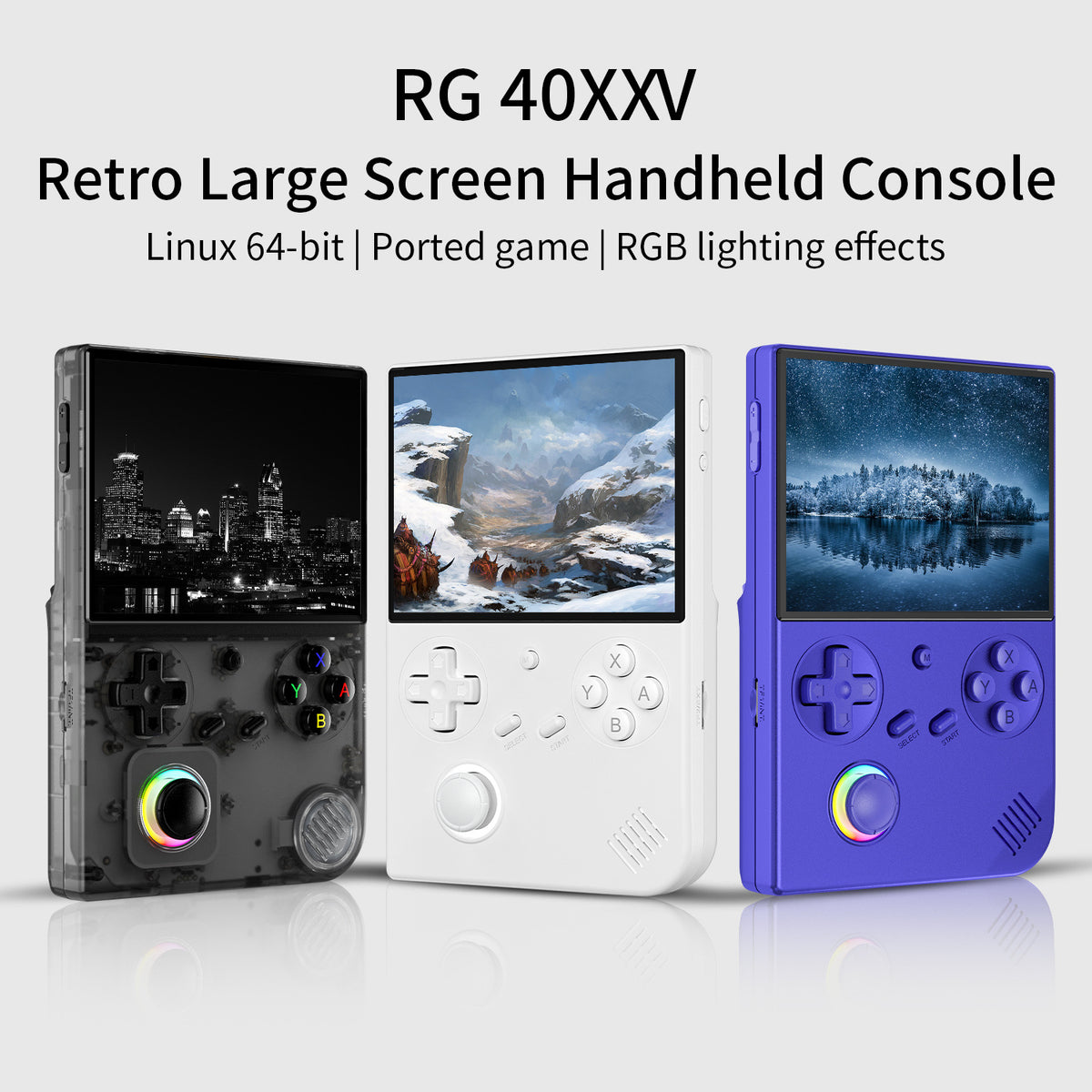Eprolo ANBERNIC RG40XXV portable handheld game console with vertical design and lighting effects, connected to power.