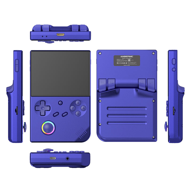 Eprolo ANBERNIC RG40XXV retro handheld game console with vertical design and lighting effects, connected to power.