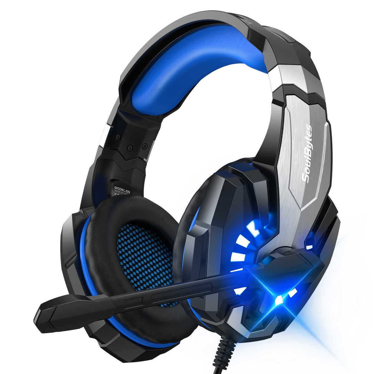 Eprolo S9 wired gaming earphones with luminous design, mounted on a gaming headset for PS4 and computer use.