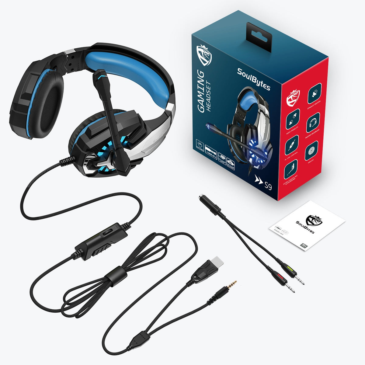 Wired S9 gaming earphones by eprolo with luminous design, mounted on a gaming setup, compatible with PS4 and computers.