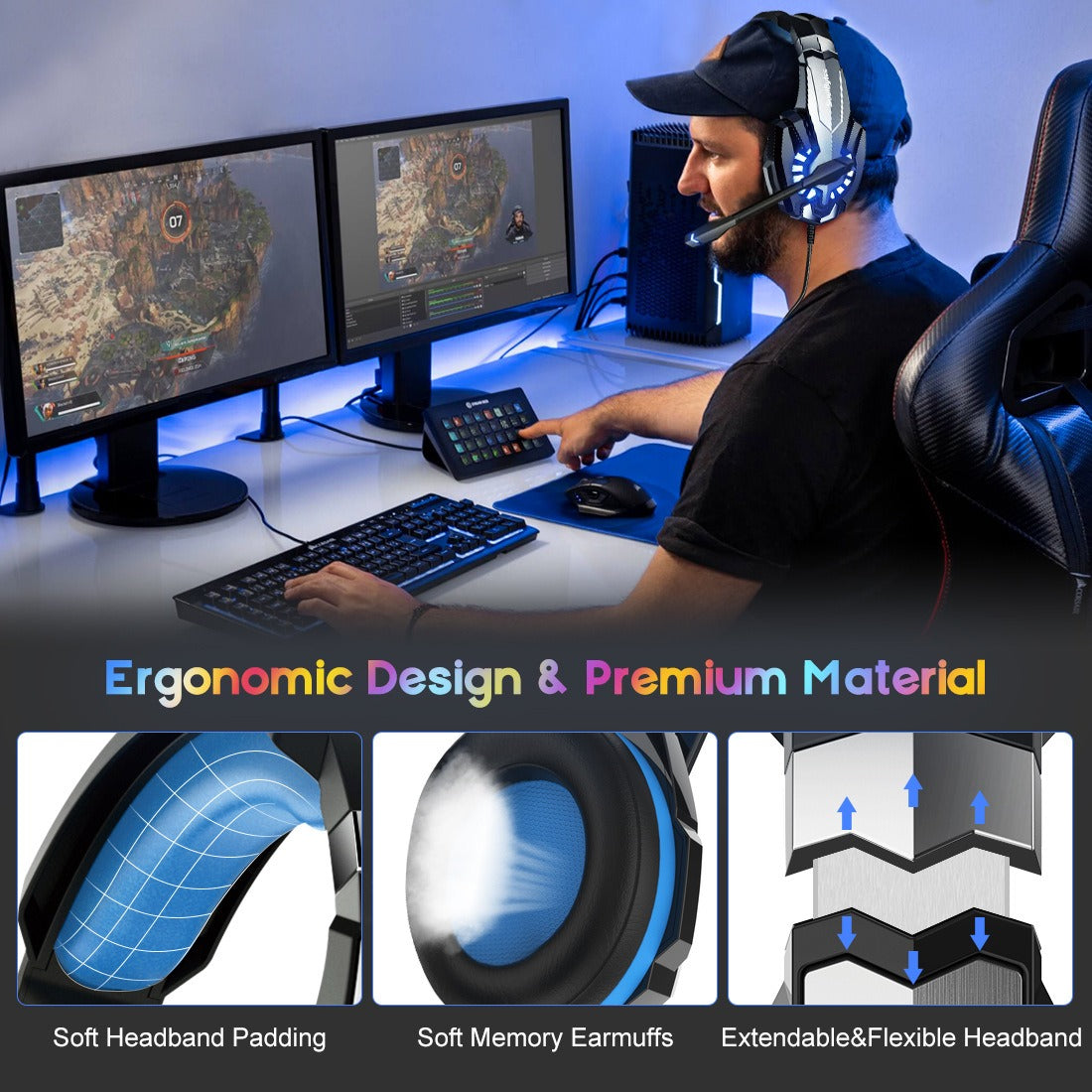Eprolo S9 wired gaming earphones with luminous design, head-mounted Esports headphones for PS4 and computer gaming.