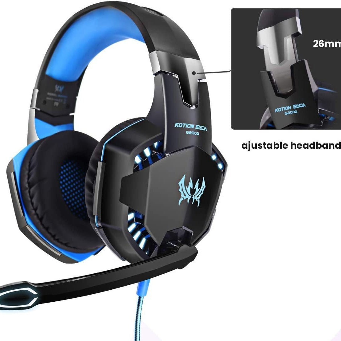 Eprolo G2000 wired gaming earphones with illuminated design, heavy bass, over-ear fit, suitable for PS4 and esports gaming.
