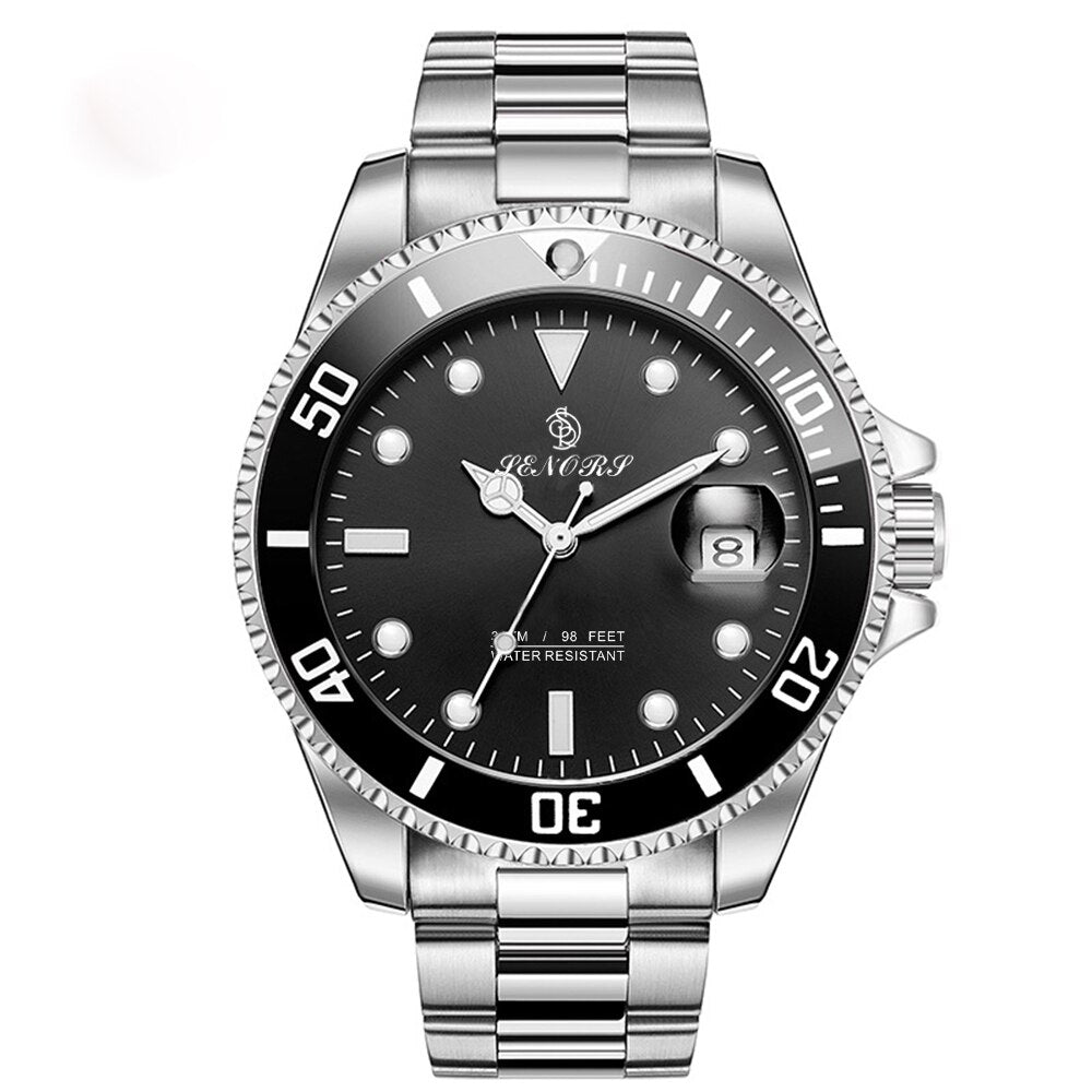 Luxury men's automatic black stainless steel wristwatch with waterproof and mechanical features, suitable for business and sport use.