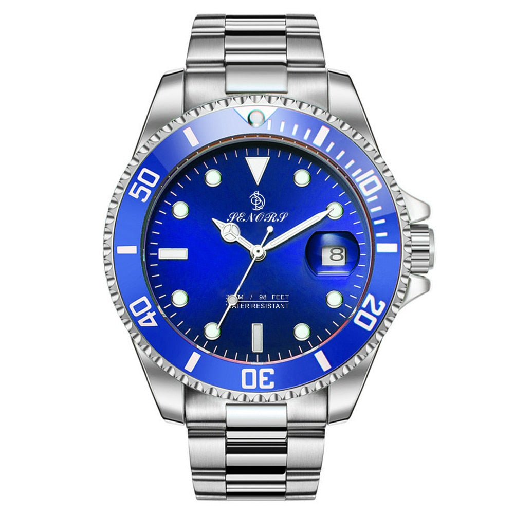 Luxury men's automatic wristwatch with black dial, stainless steel band, waterproof design, suitable for business and sports.