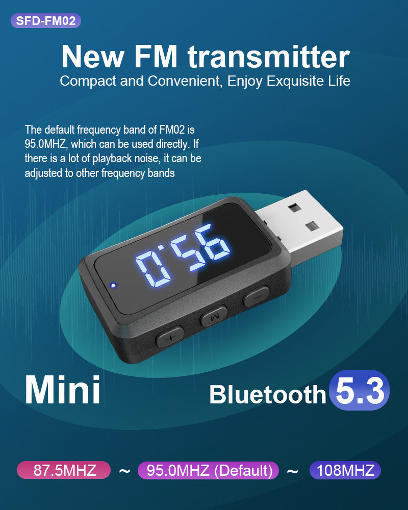eprolo car Bluetooth 5.3 FM transmitter audio adapter with LED display and wireless Bluetooth receiver in a vehicle setting
