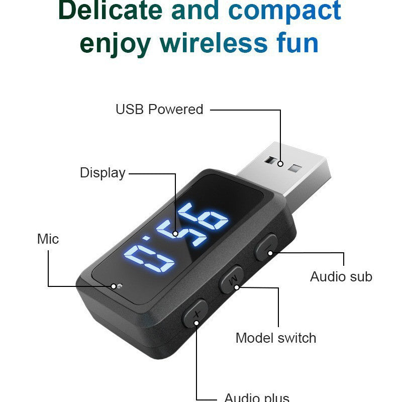 eprolo Car Bluetooth 5.3 FM transmitter and wireless audio receiver with LED display, mounted in vehicle for hands-free music and calls
