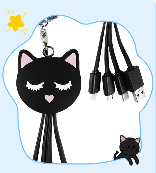 Cartoon Black Cat 3-in-1 Data Cable Cute Key Portable One to Three Charging Cable Suitable for Apple and Huawei - American Smart