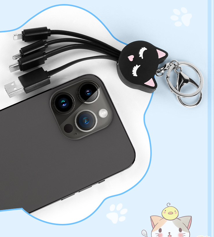 Cartoon Black Cat 3-in-1 Data Cable Cute Key Portable One to Three Charging Cable Suitable for Apple and Huawei - American Smart