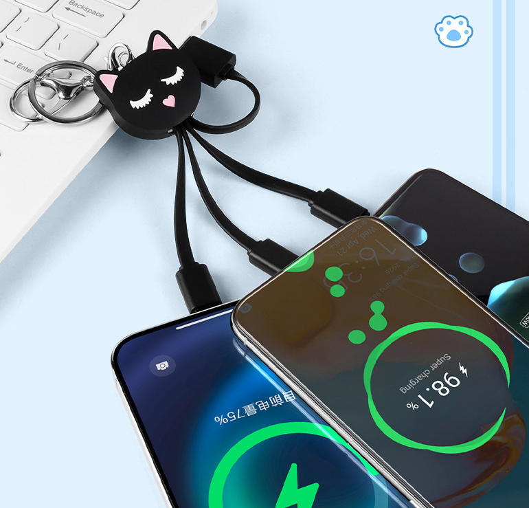 Cartoon Black Cat 3-in-1 Data Cable Cute Key Portable One to Three Charging Cable Suitable for Apple and Huawei - American Smart