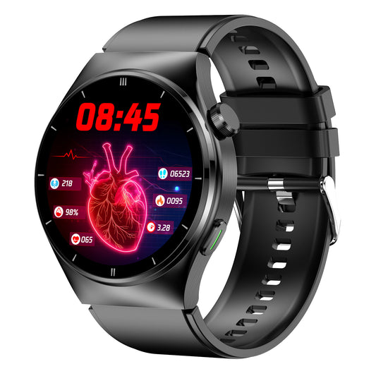 Eprolo F320 laser therapy smart watch showing heart rate, blood sugar, body temperature, and Bluetooth call features.