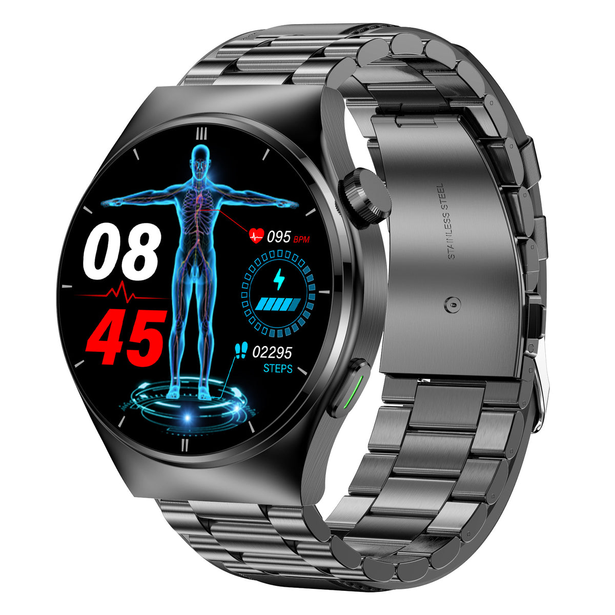 Eprolo F320 smart watch displaying heart rate, blood sugar, lipids, body temperature, and Bluetooth call features on its screen.