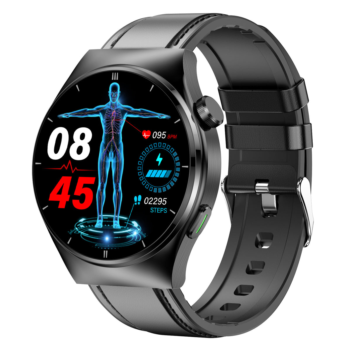 Eprolo F320 laser therapy smart watch displaying heart rate, blood sugar, body temperature, and Bluetooth call features.