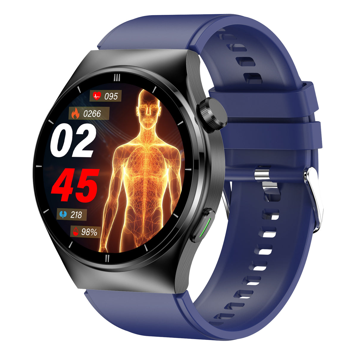 Eprolo F320 laser therapy Bluetooth smart watch showing heart rate, blood sugar, body temperature, and call notifications on screen.