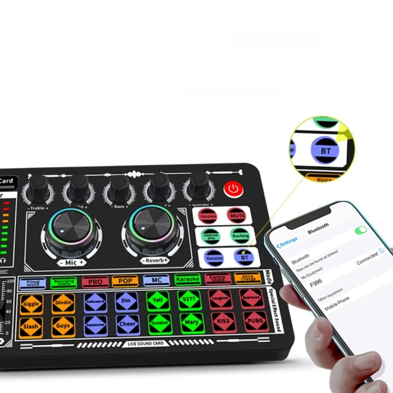 eprolo F999 mixer podcast sound board with multiple input channels for live recording and home KTV audio setup