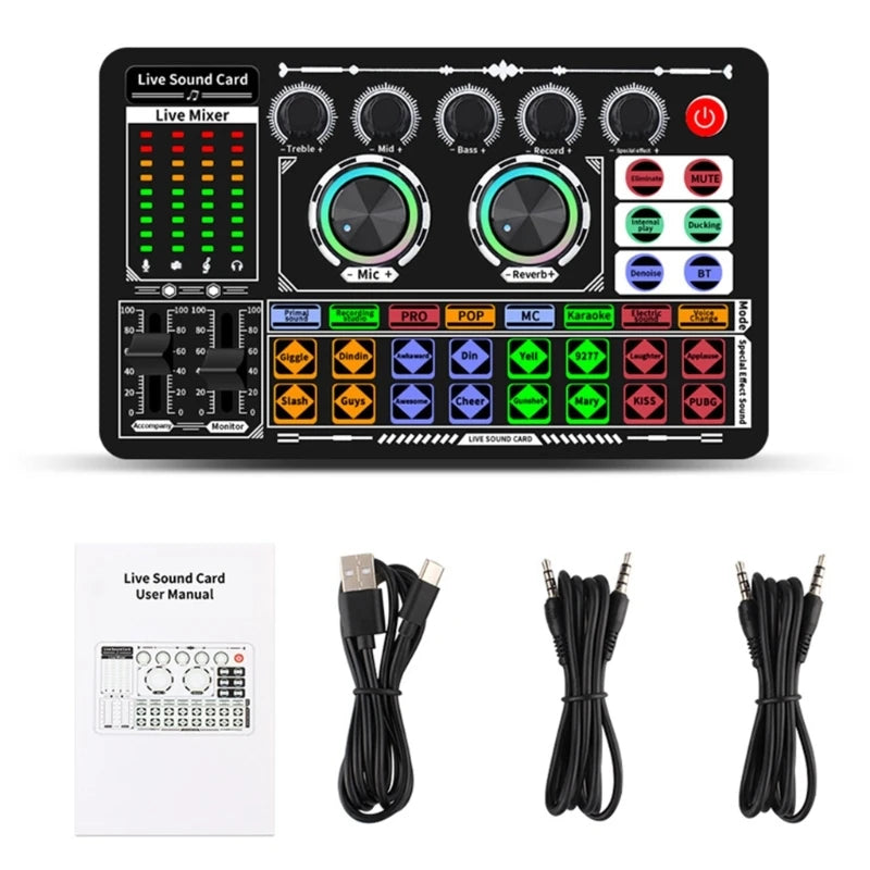 eprolo F999 Mixer Podcast sound board with multiple controls, ideal for live recording, KTV, and home audio setups.