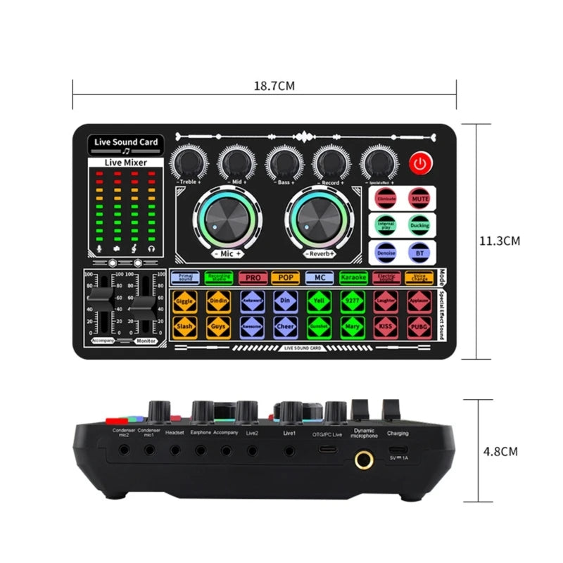 eprolo F999 Mixer Podcast Sound Board with live sound card for recording and KTV entertainment, featuring multiple input controls.