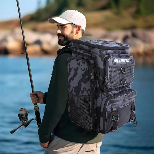 Eprolo fishing backpack with rod holder, tackle organizer box, and hiking storage compartments for outdoor fishing trips.