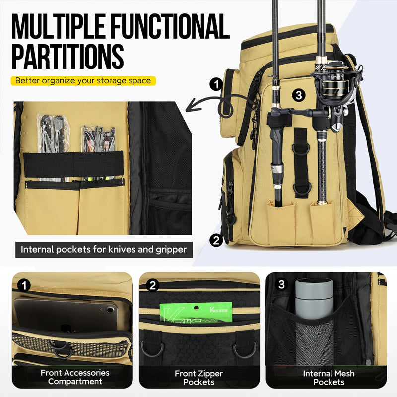 Eprolo fishing backpack with rod holder, tackle organizer box, and hiking storage compartments for outdoor fishing trips.